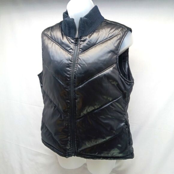 Old Navy Y2k Fleeced Lined Quilted Puffer Zip Up Vest. Woman's M Glossy Black... - Picture 2 of 14